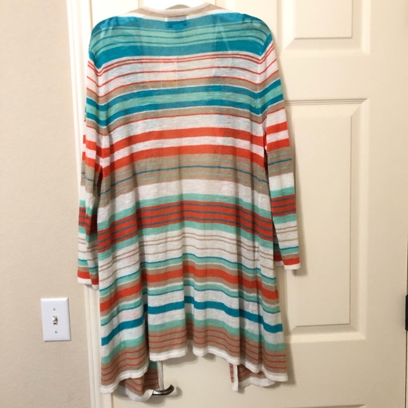 Peck & Peck Linen blend Teal,Aqua,White,Tan Fine Knit Open front cardigan - Picture 5 of 11